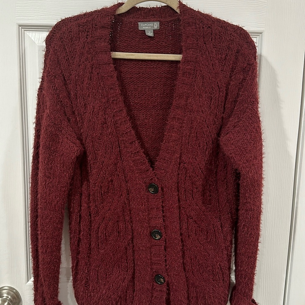 Maroon button up knit cardigan
